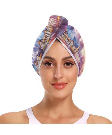 Mumbai Skyline Watercolor Hair Towel 2 Pack Super Absorbent Hair Drying Towel Quick Dry Hair Turbans Head Towel with Button Twisty Wrap for Women Girls