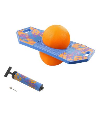 Flybar Pogo Trick Ball for Kids, Trick Bounce Board for Boys and Girls Ages 6+, Up to 160 lbs, Includes Pump, Easy to Carry Handle, Durable Plastic Deck With Grip Tape, Indoor, Outdoor Pogo Jumper Toy Blue Dawn 2