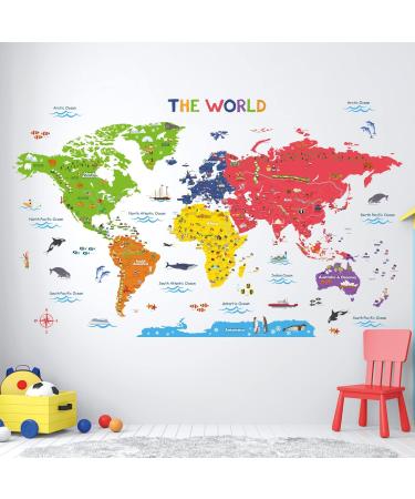 DECOWALL DLT-2212 Educational World Map Kids Wall Stickers - X-Large 150x91cm | Peel and Stick Removable Decals for Nursery, Bedroom, Living Room | Art Murals Decor | XL Flag World Map - Buy Online on GoSupps.com
