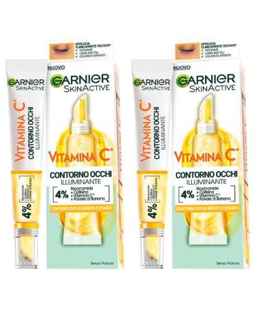 Garnier SkinActive Brightening Eye Cream with Vitamin C for Dull, Tired Eyes Vegan Formula with Niacinamide Caffeine and Banana Powder - 2 x 15ml Bottles