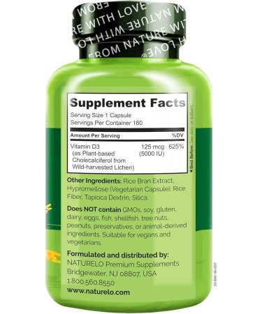NATURELO Vitamin D - 5000 IU - Plant Based from Lichen - Natural D3 Supplement for Immune System Bone Support Joint Health - High Potency - Vegan - Non-GMO - Gluten Free - 180 Capsules 180 Count (Pack of 1) - Buy Online on GoSupps.com