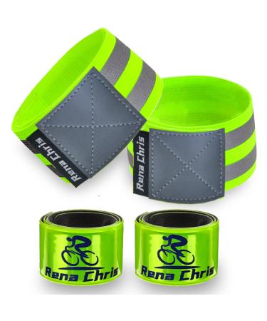 Reflective Bands for Wrist, Arm, Ankle, Leg. High Visibility Reflective Gear for Night Walking, Cycling and Running. Safety Reflector Tape Straps. Very Large Reflective Surface Area Green - 4 Bands