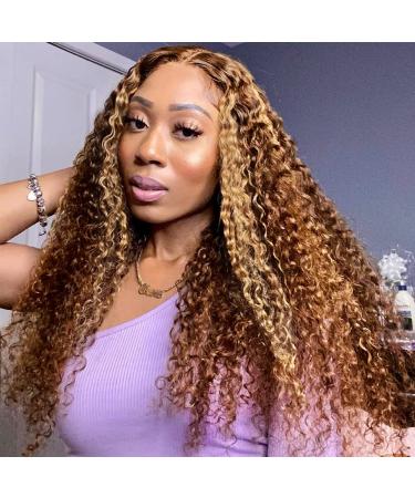 Iris Queen Highlight Ombre Lace Front Wigs Human Hair Pre Plucked 150% Density Brazilian Curly Honey Blonde Brown Colored Lace Closure Human Hair Wigs for Black Women with Baby Hair(24 inch) 24 Inch 4/27 Highlight Color