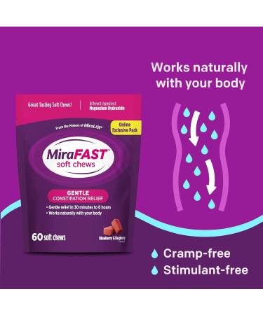 MiraFAST Soft Chews from The Makers of MiraLAX Gentle Constipation Relief Fast Acting Stimulant Free Saline Laxative Magnesium Hydroxide Blueberry & Raspberry Flavor 60ct - Buy Online on GoSupps.com