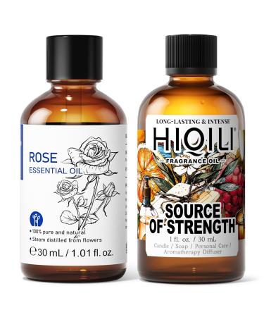 HIQILI 30ML Rose Essential Oil & 30ML Source of Strength Fragrance Oil for DIY Diffuser