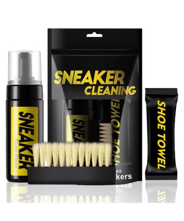 White Shoe Cleaner - Shoe Cleaning Kit - 150ml Shoe Cleaning Foam with Brush and Towel - White Trainer Cleaner - Shoe Cleaning Kit for Removing Stains and Dirt - Work on Most Shoes