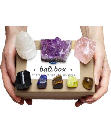 Bali Box Healing Crystals Set - 8 Natural Chakra Crystals Including Selenite, Amethyst, Lapiz Lazuli, Black Tourmaline - Tumbled & Raw - Energy Healing Kit - Buy Online on GoSupps.com
