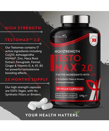 TESTOMAX 2.0 Test Booster for Men - 210 Vegan Capsules - 1450mg Testosterone Supplement - With Ashwagandha, CoQ10, Maca Root - Nutravita - Buy Online on GoSupps.com