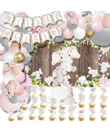 HEETON Pink Elephant Party Supplies Cake Topper and Cupcake Topper It is A Girl Baby Shower Balloons Garland Backdrop Party Baby Shower Decorations