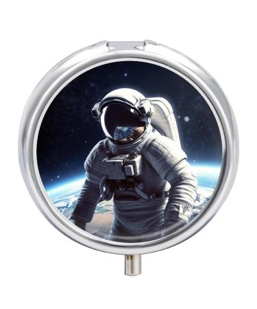 Pill Box Pill Case 3 Compartment Travel Pill Box Astronaut Printing Small Pill Box Portable Medicine Pill Case Pill Organizer for Purse & Pocket for Travel Handbag (Round)