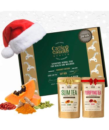 CAMINO DE CABRAS SLIM TEA & DETOX TEA Gift Set - Liver Detox Herbal Tea Draining - Green Tea Turmeric Ginger Dandelion Mate Goji Berry Papaya Cardamom - Natural Ingredients - Loose Leaf Tea 2 x 100g
