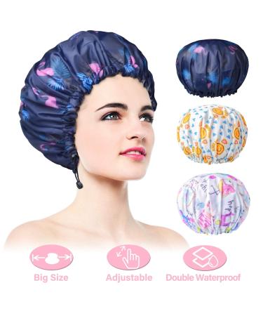 3 Packs Shower Caps Extra Large & Adjustable & Double Layer Waterproof Hair Cap for Women Waterproof Exterior & EVA Lining Oversized Design for All Hair Lengths Adjustable Hem Multicolor