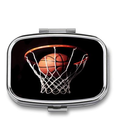 Pill Box Basketball Print 2 Compartment Medicine Pill Case Pill Organizer Decorative Metal Portable Pill Box for Pocket Or Purse Style