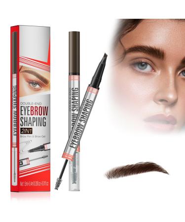 Eyebrow Brush with Color Brown - Microblading Eyebrow Pen - 2-in-1 Dual-Ended Pen with 4-Fork Tip & Eyebrow Brush for Effortlessly Natural-Looking Brows (Dark Brown)