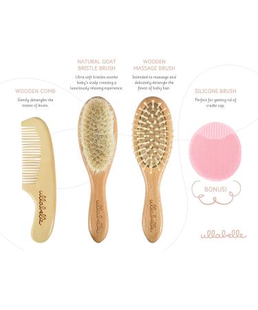 Ullabelle 4 Piece Wooden Baby Hair Brush and Comb Set - Soft Goat Hair - Prevents Cradle Cap - Pink - Registry Gift - Buy Online on GoSupps.com