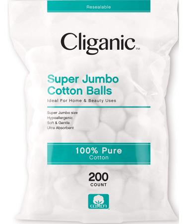 Cliganic Super Jumbo Cotton Balls (200 Count) - Hypoallergenic, Absorbent, Large Size, 100% Pure 200 Count (Pack of 1)
