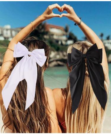 2pcs Big Silky Satin Hair Bows for Women and Girls, Black & White French Bowknot Hair Barrettes with Metal Clips - 90's Hair Dress Up Accessories - Buy Online on GoSupps.com