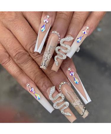 Justotry 24 pieces Coffin 3D nails for sticking on with snake white French press on nails ballerina artificial nails diamond fingernails fake nails medium for women brown & ballerina1 - Buy Online on GoSupps.com