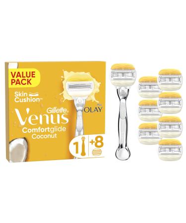 Gillette Venus ComfortGlide Coconut with Olay Women's Razor + 8 Razor Blade Refills Lubrastrip with A Touch of Vitamin E 2 Flexible Gel Bars For A Comfortable Shave