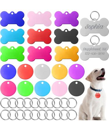 20 Pieces Colorful Aluminum Dog ID Tags with Keyrings Stamped Pet Tags Round Bone Shape Dog Stamping Blank Tags Personalized Engraved Pet Name Number Tags for Cat Puppy Kitten Pets, 10 Colors