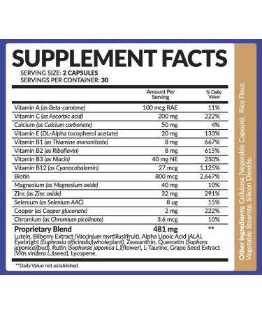 Bio Naturals Eye Vitamin Supplement with Lutein Zeaxanthin Lycopene Bilberry Quercetin & More - All Natural Proprietary Blend Supports Vision & Macular Health - 60 Veggie Capsules 60 Count (Pack of 1) - Buy Online on GoSupps.com