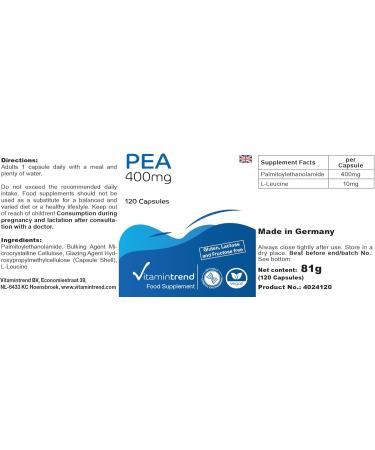  Vitamintrend PEA 400mg - Palmitoiltanolamide - 120 capsules - high dose - vegan - supplements from Germany | Vitamintrend - Buy Online on GoSupps.com