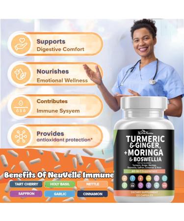 Moringa Pills with Turmeric, Boswellia, Ginger, Ashwagandha, Quercetin, Cinnamon, Tart Cherry, Garlic, Nettle & Holy Basil Herbal Extract Supplement Plant-Based 120 Capsules - Buy Online on GoSupps.com