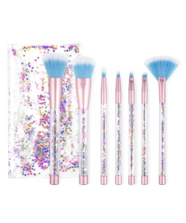 Cute Makeup Brush Set 7PCS Professional Make Up Brushes Quicksand Sequins Acrylic Handle Eye Shadow Blending Concealer Face Fan Special Blue Cosmetic Brush for Girl