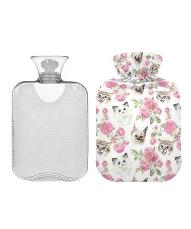 Hot Water Bottle 2L with Cover Cat Kitten Rose Flower Hot Water Bag for Pain Relief Hand Feet Warmer Winter