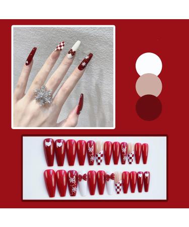 Justotry 24 Pcs Christmas Press on Nails - Long Red French Fake Nails with Bow Patterns | Cute Coffin Stick on Nails for Women | Acrylic Ballerina False Nails with Glue for Nail Art RBS - Buy Online on GoSupps.com