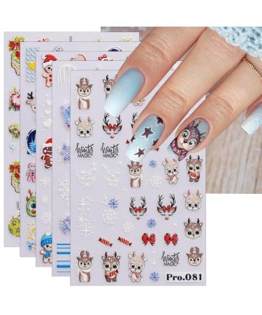 JMEOWIO 6 Sheets Christmas Nail Art Stickers Decals Self-Adhesive Cute Deer Snowflake Winter Holiday Nail Supplies Nail Art Design Decoration Accessories