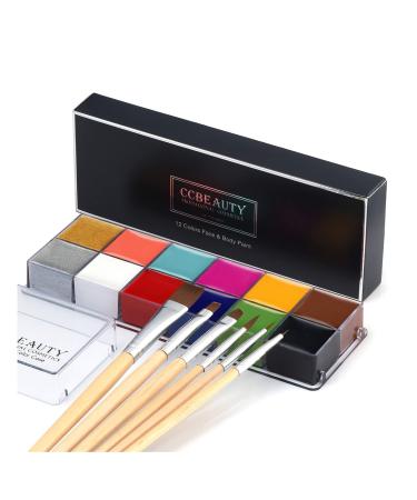 CCbeauty Professional 12 Colors Face Body Paint Kit Oil Non Toxic High Pigment Cream Painting Palette for Kit Halloween Costume Fancy SFX Cosplay Stage Makeup Set with 10 Wooden Premium Brushes, Deep 12 deep color +brushes