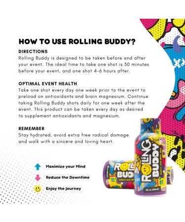 ROLLING BUDDY Pre and Post Rave Recovery Shot - Rave Safely No 5HTP Jaw Clench Relief Essential Vitamins for Brain & Body Protection Before and After Rave Antioxidant Shot 2-Pack (1) - Buy Online on GoSupps.com