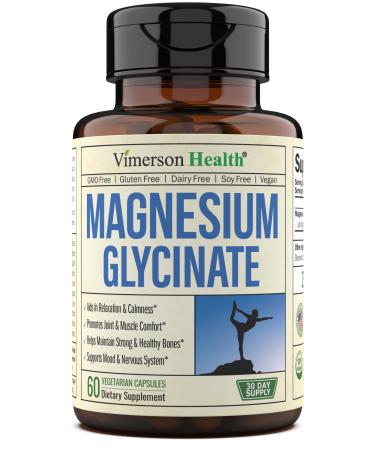 Vimerson Health - Magnesium Glycinate - Dietary Supplement - for Joint Bone & Nervous System Health - Relaxation & Mood Support - 200mg Magnesium - Gluten & GMO Free - 60 Vegan Capsules