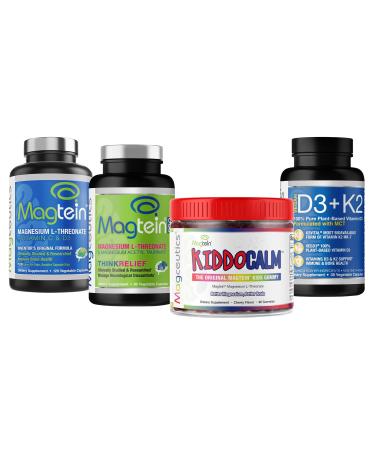 Magtein Magnesium L-Threonate 120 Capsules, Magceutics MagteinPRO 90 Capsules, KIDDOCALM Gummies 90 Capsules, Vitamin D3 K2 30 Capsules - Bundle