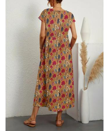 Women's Summer Cotton Linen Floral Printed Short Sleeve Dress Crew Neck Loose Casual Beach Dresses with Pockets 04 Medium - Buy Online on GoSupps.com