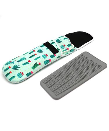Heat Resistant Travel Hair Curler Flat Iron Pouch and Silicone Mat Set (Catcus)