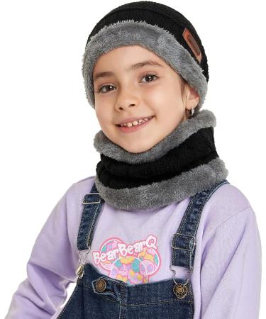 Kids Winter Knit Beanie Hat and Scarf Set with Fleece Lining - Black - One Size - Buy Online on GoSupps.com