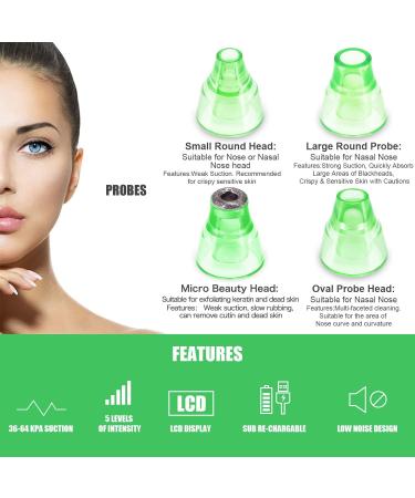 Pore Vacuum Blackhead Remover Cleanser | 5 Power Electric Extractor Tool for Women & Men | 4 Probes | Green - Buy Online on GoSupps.com