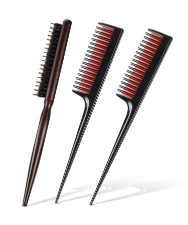 3 Pieces Teasing Comb for Women Include 2 Triple Teasing Comb Rat Tail Combs and Boar Bristle Brushes Comb for Stylist Men Backcombing Slicking Curly Thick Wet Hair