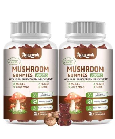 2 Pack 5000MG Mushroom Gummies for Men & Women - 10-in-1 Blend Mushroom Complex Supplement containing Lion's Mane Brain and Immune Boosting Blueberry Flavor Non-GMO 120 Counts 60 Count (Pack of 2)