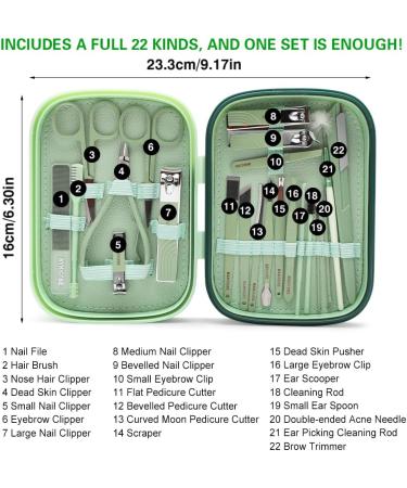 Manicure Set and Nail Clippers Set - 22-in-1 Premium Stainless Steel Beauty Tool Kit Perfect for Pedicure Home Office and Travel with Elegant Gift Box (Green) - Buy Online on GoSupps.com