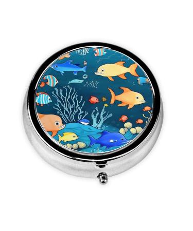 Blue Underwater World of Fishround Pill Box 3 Compartment Round Pill Box Organizer * Portable Travel Pill Box for Traveling.