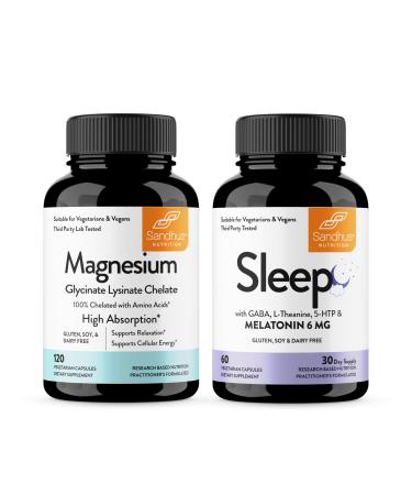 Sandhu's Magnesium Glycinate Lysinate Easy to Swallow 120 Capsules & Sleep 60 Capsules Non-Habit Forming 5-in-1 Sleep Aid Supplement| Supports Restful Sleep Muscle & Heart Health | Made in USA