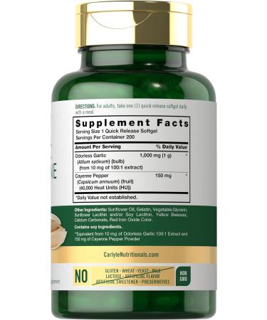Carlyle Odorless Garlic and Cayenne 1150mg | 200 Softgels | Non-GMO Gluten Free Supplement - Buy Online on GoSupps.com