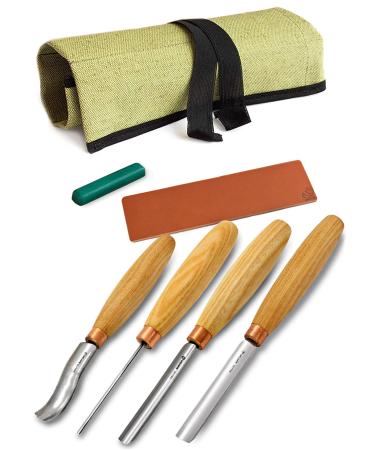 BeaverCraft  Wood Carving Chisel Set SC01 - Gouge Wood Carving Tools Kit in Rolling Pouch with Leather Strop Polishing Compound Kit - Radial Gouges Flat Chisel Bent Gouge (Chisel Set)