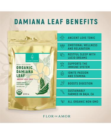 Flor De Amor Organic Damiana Leaf 2 oz - Relaxing Adrenal Support | Caffeine Free Non-GMO - Buy Online on GoSupps.com