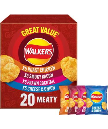 Walkers Meaty Variety Crisps Multipack Box 20 x 25g | Assorted Flavors for Ultimate Snacking - Roast Chicken Smoky Bacon Prawn Cocktail Cheese & Onion - Buy Online on GoSupps.com