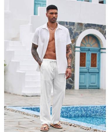COOFANDY Men's Linen Beach Pants - Lightweight & Casual Elastic Waist Yoga Pants in White - Buy Online on GoSupps.com