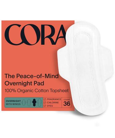 Cora Organic Pads | Ultra Thin Period Pads with Wings | Overnight Absorbency | Ultra-Absorbent Sanitary Pads for Women | 100% Organic Cotton Topsheet (36 Count (Pack of 1))